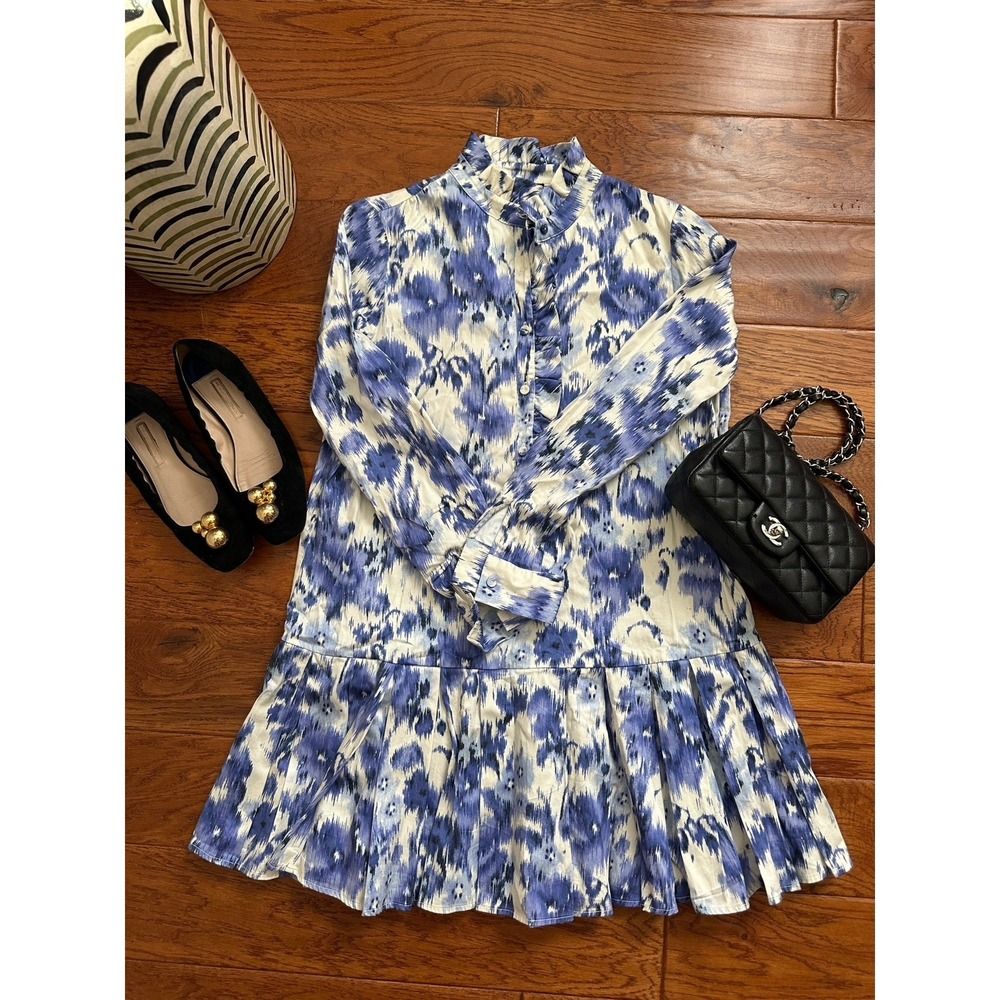 Tuckernuck Callahan Dress XXS Blue White Ikat Floral Ruffle Neck Shirt Dress